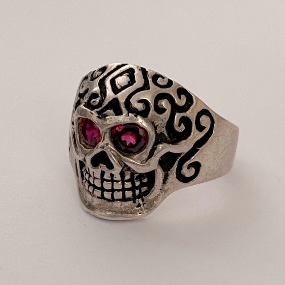 925 sterling silver biker skull ring red cz stone - Picture 2 of 5